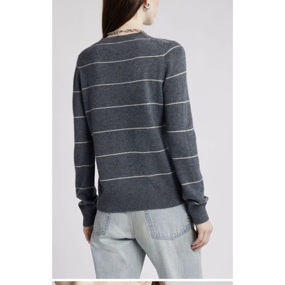 Nordstrom Women Crewneck Cashmere Sweater In Grey- Beige Spaced Stripe Sz Large - Picture 3 of 8